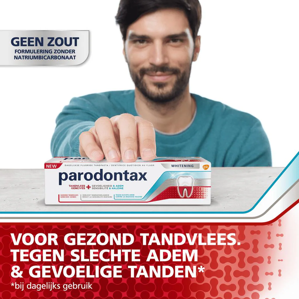 Parodontax Tandpasta 75 ml.	Tandvlees+Gevoeligh.+Adem Whitening