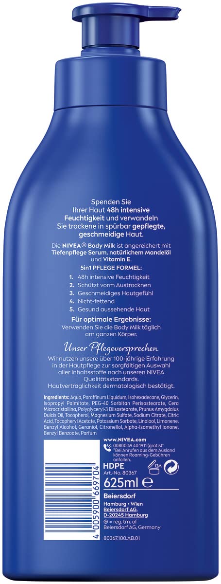 Nivea Bodymilk 625 ml – Verzorgend voor Droge Huid (met pomp)
