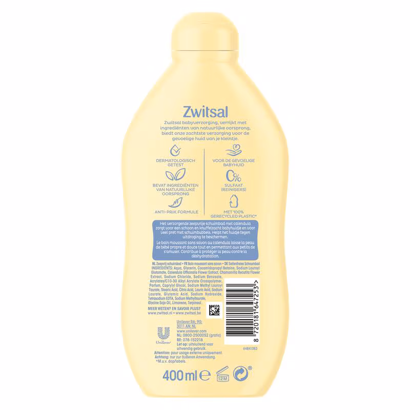 Zwitsal Schuimbad 400 ml.	Zeepvrij voor de gevoelige babyhuid