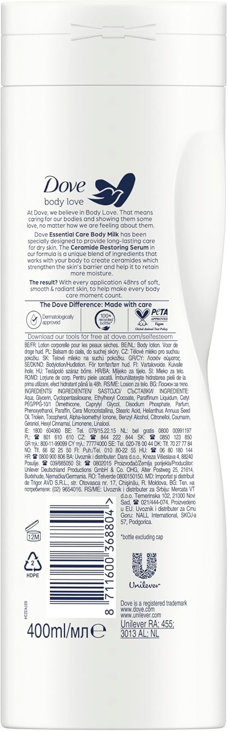 Dove Body Milk 400 ml.	Essential Care (Droge Huid)